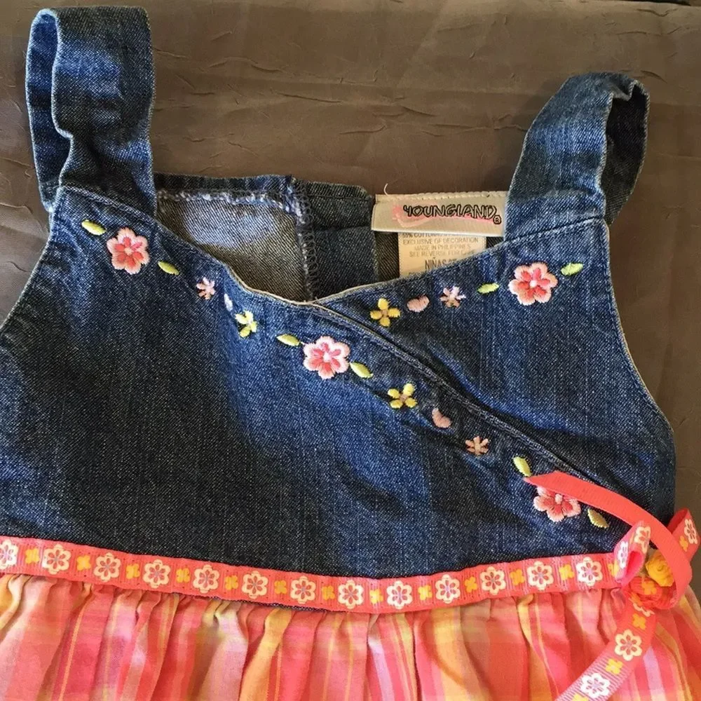 Jumper Dress by Youngland Sz 3T Denim Plaid Spring Summer Blue Coral